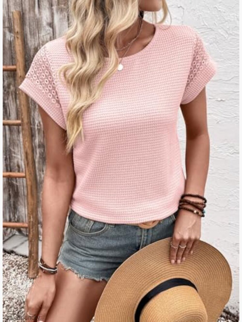 Waffle Knit Lace Sleeve Short Sleeve T-Shirt Loose Fit Summer Top - Picture 3 of 7